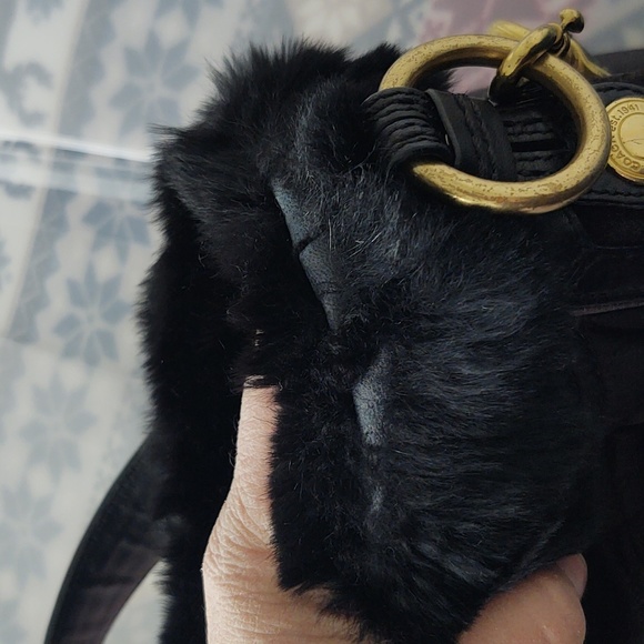 Coach Signature Satin Quilted Rabbit Fur Trimmed Hobo Handbag Black - Picture 16 of 16